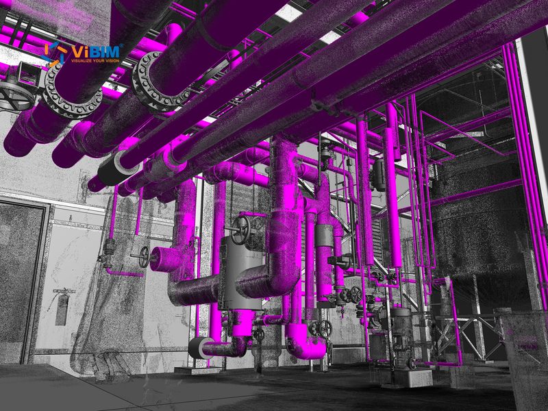 Dense overhead MEP piping modeled over the point cloud in a mechanical room