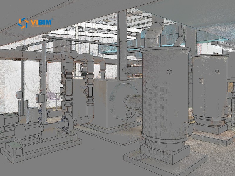 Pumps and piping in a mechanical room shown with the scan for MEP BIM modeling