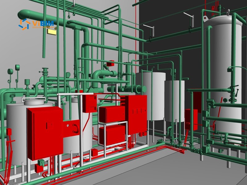 MEP BIM modeling of a boiler room with tanks and piping in Revit