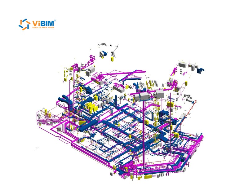 Revit MEP model of conduit, cable tray, and electrical service routes across a floor