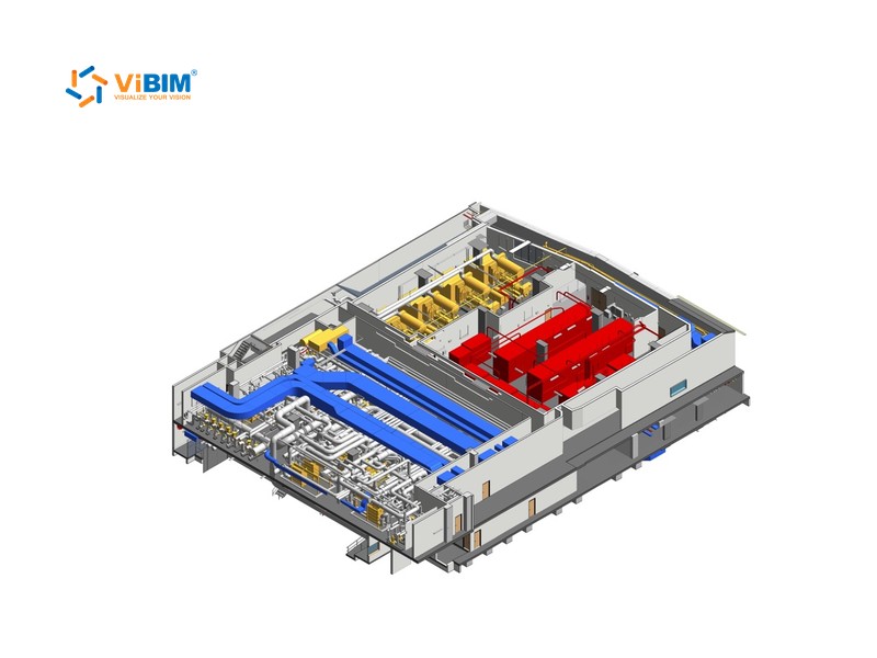 Revit HVAC model of a mechanical room with air handling units and supply ducts for MEP BIM modeling