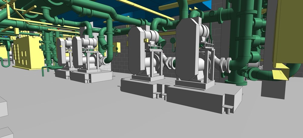 Revit MEP BIM model of the same mechanical room with pumps and piping