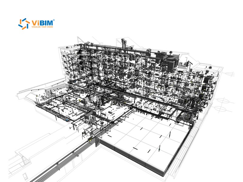Whole-building MEP BIM model in wireframe, prepared for IFC export