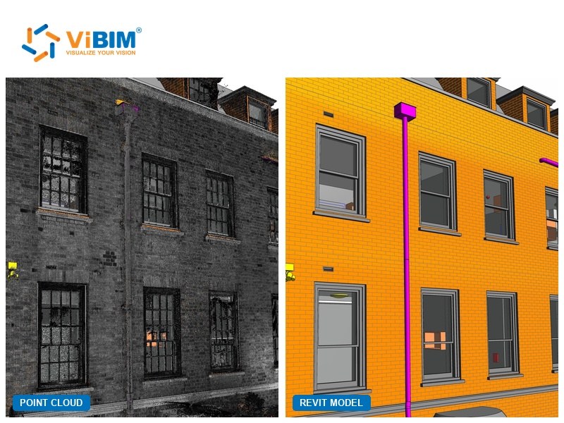 UK brick facade point cloud beside its Revit model with windows and rainwater pipes