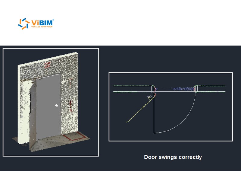Revit door family hosted in a scanned wall, with a plan view showing the door swing