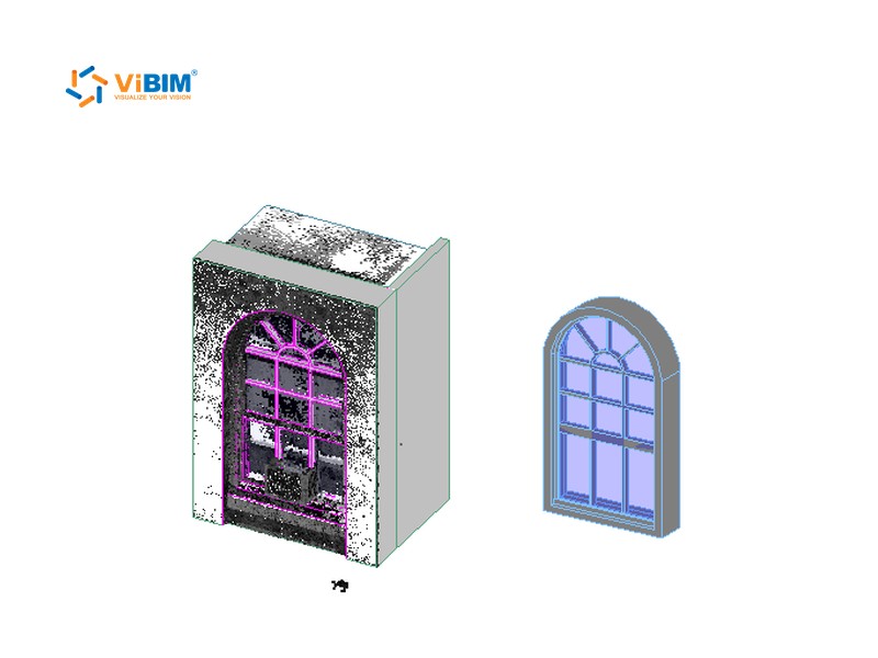 Revit family creation of an arched window, scanned as a point cloud beside the Revit family built from it
