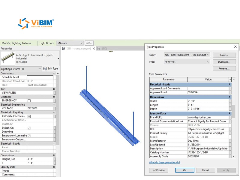 Revit light fixture family placed in a project, with type properties for electrical and identity data