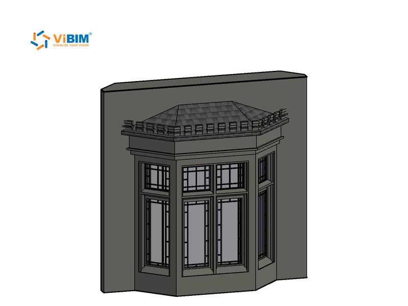 Revit family of a bay window with roof, frames, and glazing bars