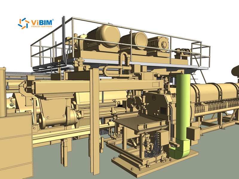 Revit model of an aluminum extrusion press line, split into smaller families, with its platform, motors, and ductwork