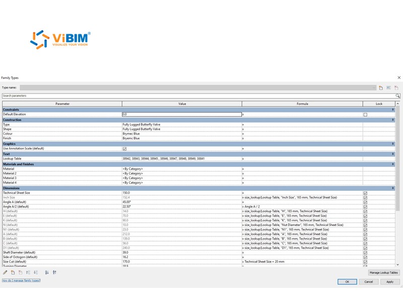 Revit Family Types dialog listing a valve's dimension, material, and lookup table parameters