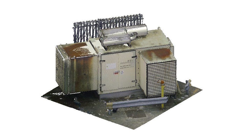Point cloud of a generator unit with its exhaust silencer and louvered panels for Revit family creation