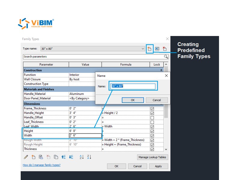 Revit Family Types dialog creating a new predefined door type from width and height values