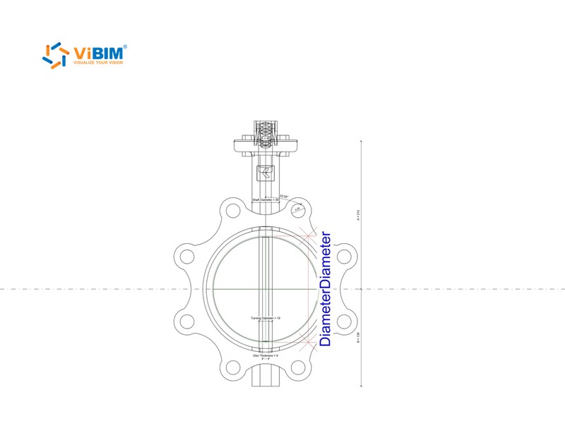 Front view of a Revit butterfly valve family with its diameter parameter labeled