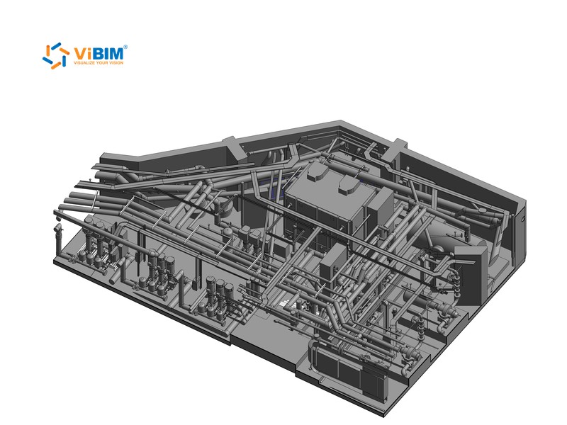 Grey 3D model of a mechanical plant floor prepared for COBie or IFC data exchange for FM
