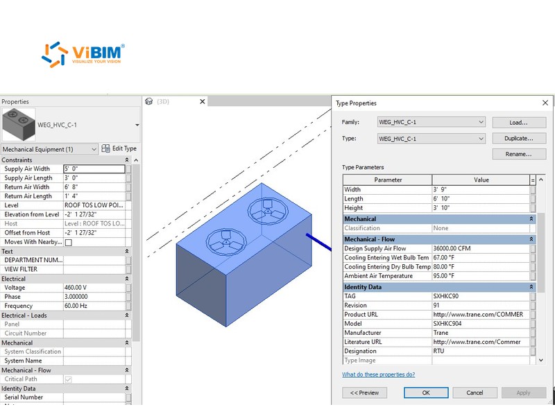 Revit properties of an air handling unit with mechanical, manufacturer, and identity data fields for FM