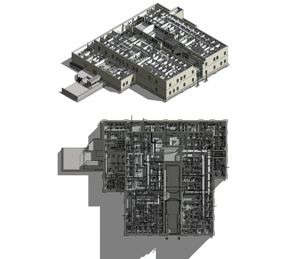 3D view of a building's Revit model above a cutaway floor plan of the same building, for scan to BIM for facility management