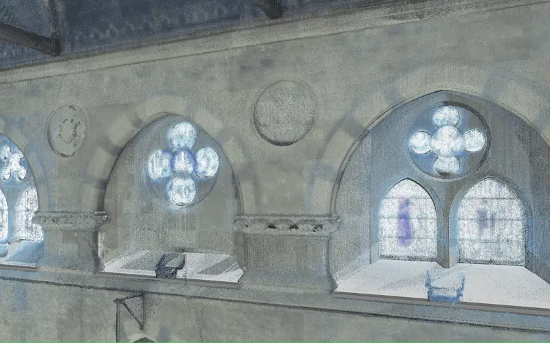 Close-up point cloud scan of Gothic stone arches and quatrefoil windows