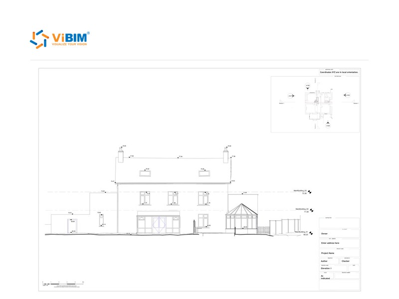 2D drawing sheet with an elevation view cut from the Revit model