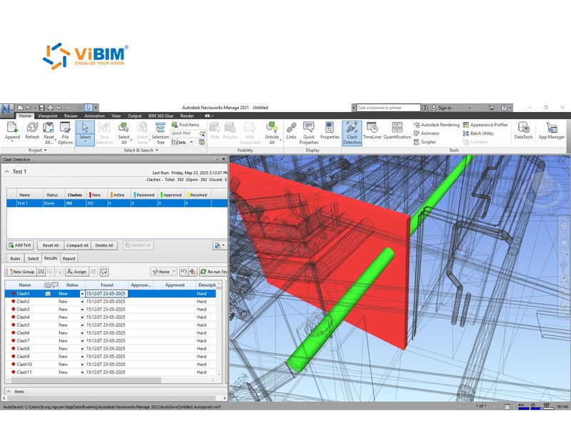Navisworks clash detection between a pipe and a wall for structural BIM coordination