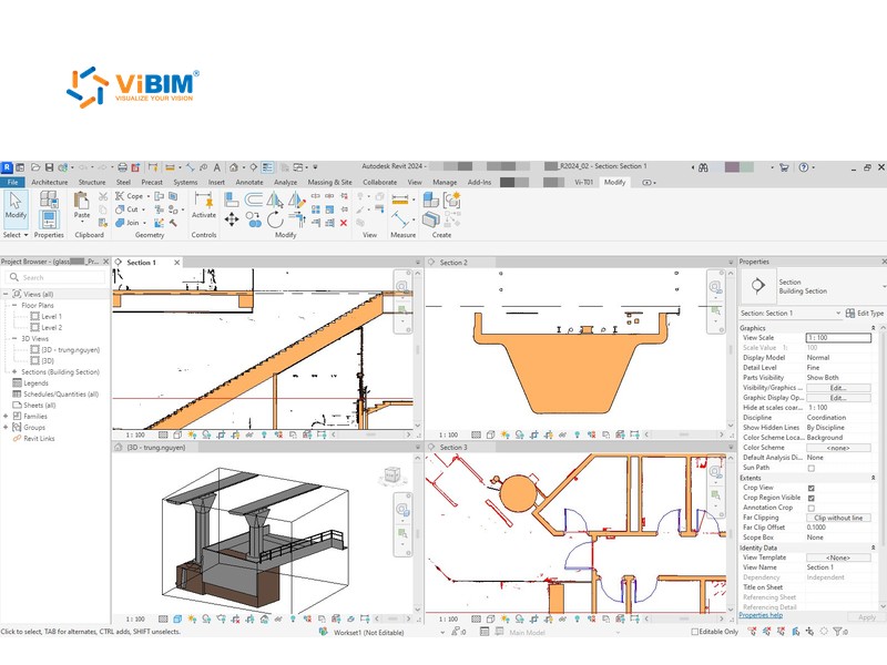Revit project browser, section views, and element properties of a structural BIM model