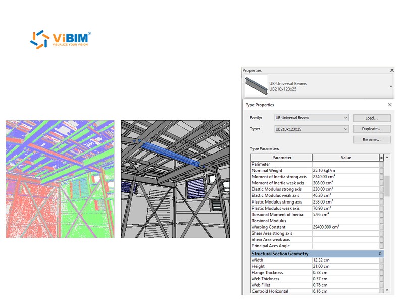 Scan and structural BIM model views of a steel member with its Revit type properties