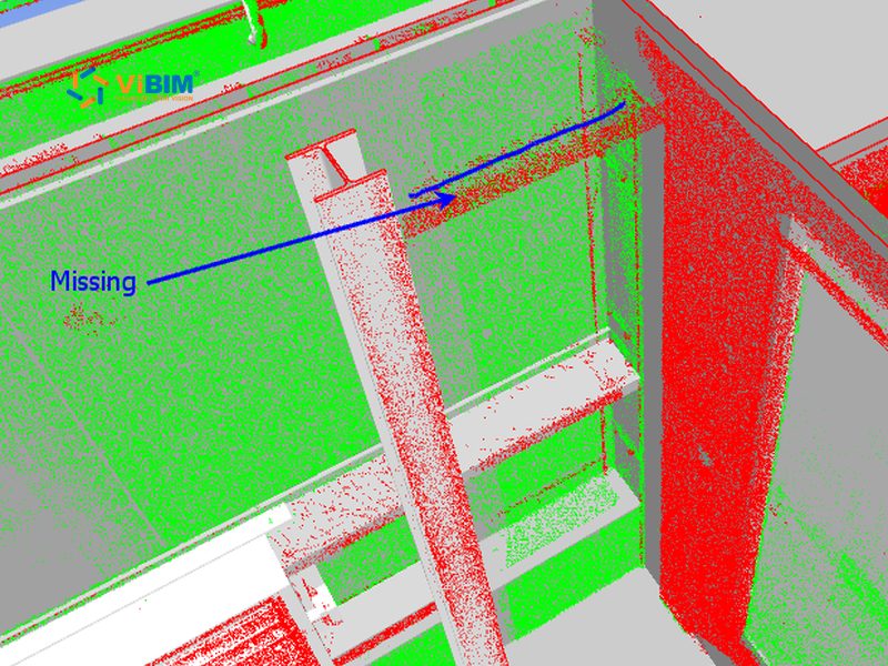 Scan-to-model check marking a beam missing from the structural BIM model