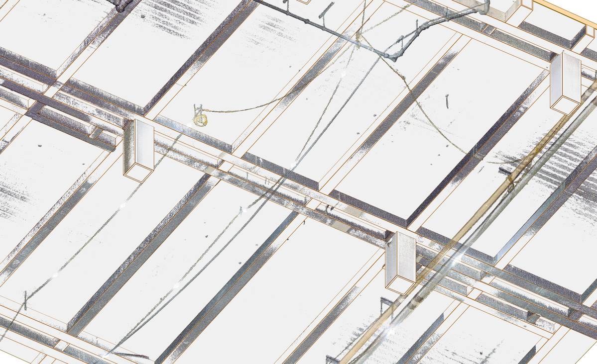 Point cloud of beams and columns under a floor slab for structural scan to BIM