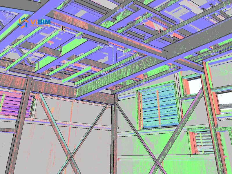 Structural scan to BIM model of steel beams and bracing over a colored point cloud