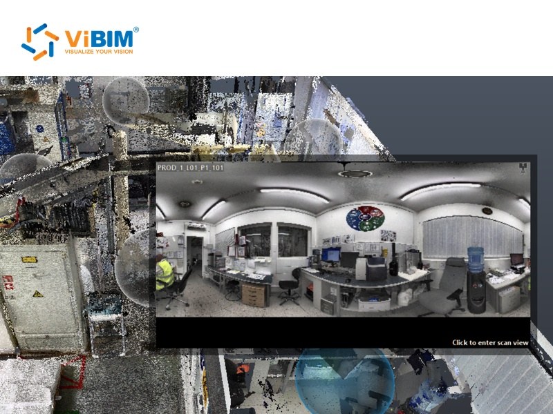Structured point cloud with scanner station spheres and a panoramic photo from one station