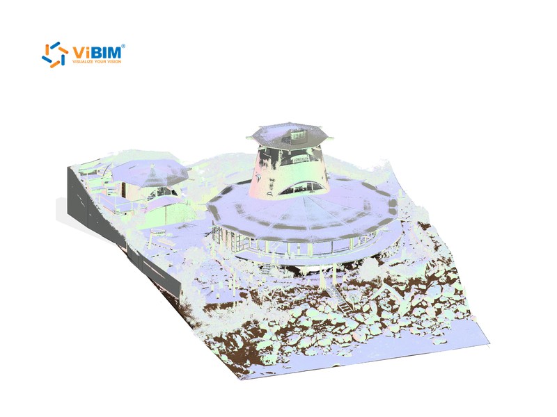Building model placed on a scanned terrain surface in a topography BIM model