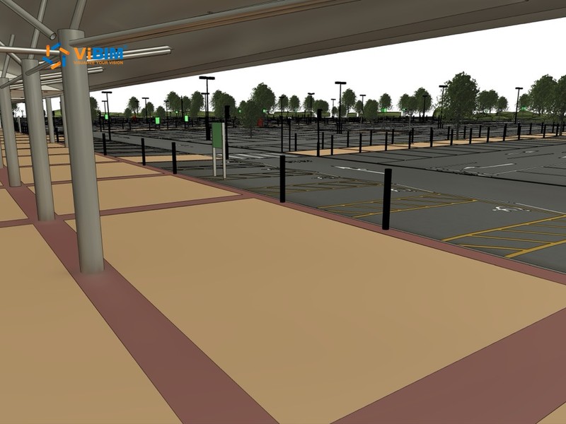 Covered walkway and parking area in a topography BIM model with measured slopes