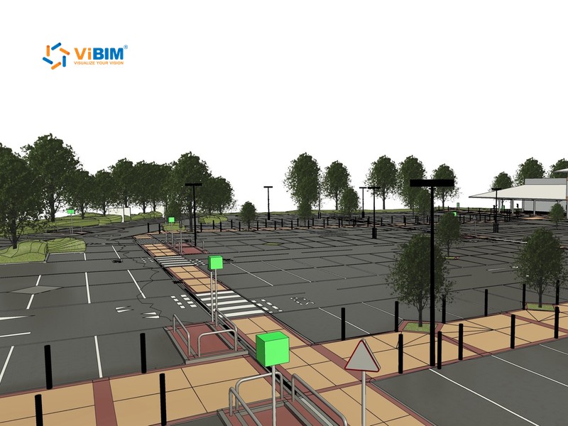 Parking lot where paving meets planted areas in the topography BIM site model