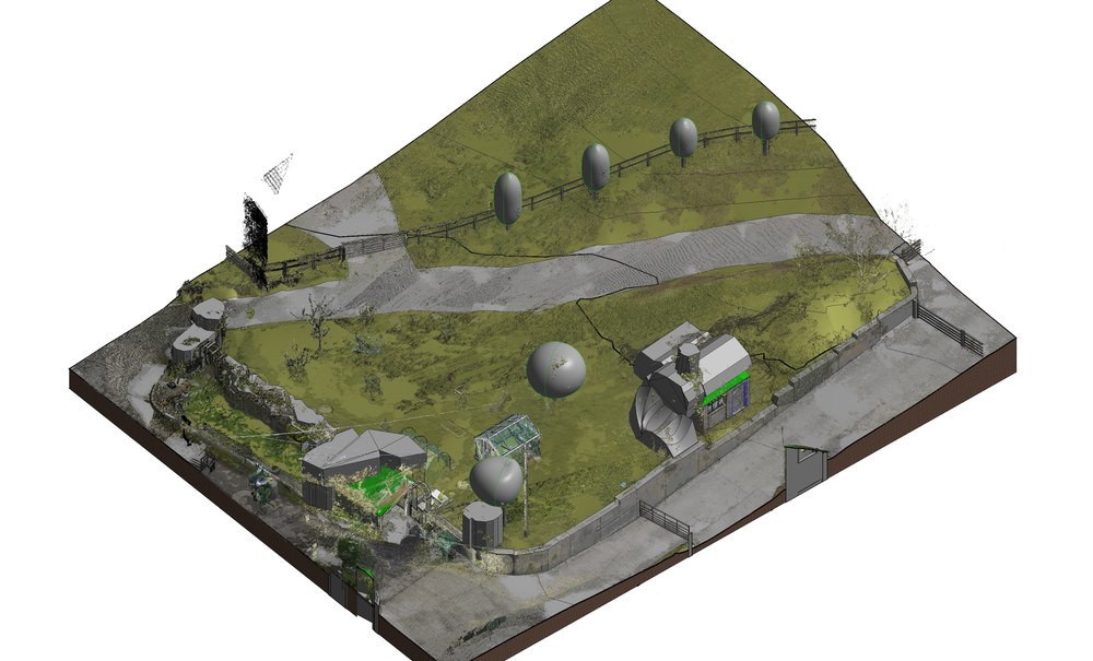 Point cloud of a sloped site with paths and retaining walls