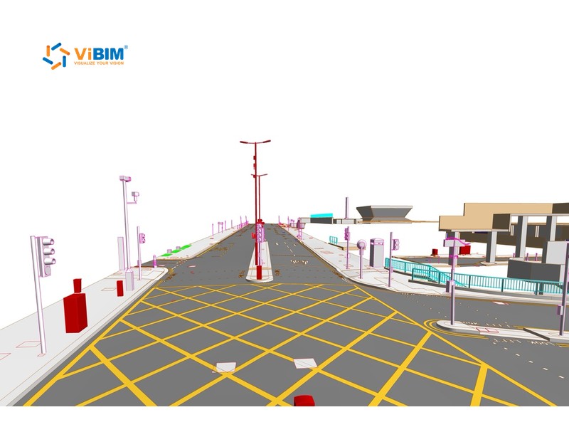Revit topography model of hard surfaces at a road junction with markings and curbs