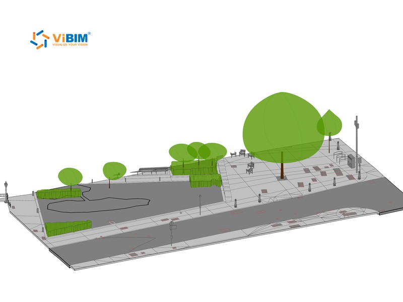 Revit topography model of a plaza with paving, trees, and planting