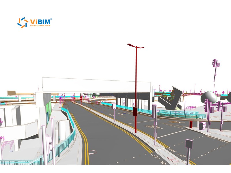 Topography BIM site model with lamp posts, bollards, and traffic signals